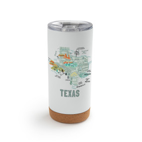 A white cork bottom tumbler with a graphic map image of Texas and illustrations of famous locations and cities.