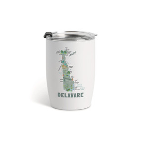 A white tumbler with a clear plastic lid and a map illustration of Delaware with landmarks and cities.