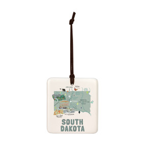 A square cream hanging tile magnet ornament with a map illustration of South Dakota with landmarks and cities.