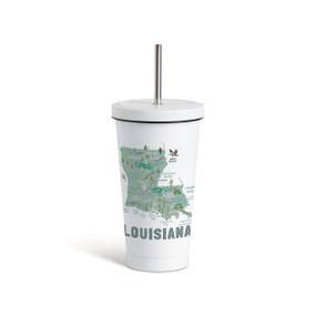 A white tumbler with a white lid and metal straw with a map illustration of Louisiana with landmarks and cities.