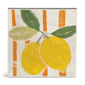 An illustrated wall art of two lemons on a white and orange background.