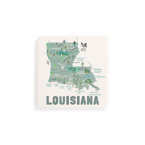 A set of four white square coasters with a map illustration of Louisiana with famous landmarks and cities.