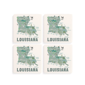 A set of four white square coasters with a map illustration of Louisiana with famous landmarks and cities.
