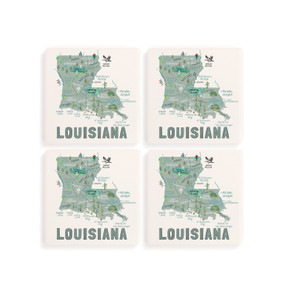 A set of four white square coasters with a map illustration of Louisiana with famous landmarks and cities.