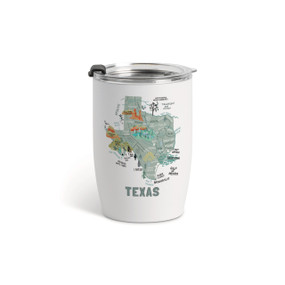 A white tumbler with a clear plastic lid and a map illustration of Texas with landmarks and cities.