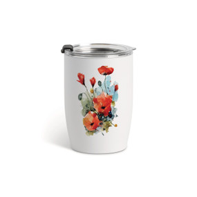 A white tumbler with a clear plastic lid and a watercolor image of red poppy flowers on the front.