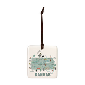 A square cream hanging tile magnet ornament with a map illustration of Kansas with landmarks and cities.
