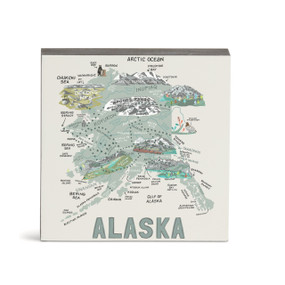 A white square wall art with an illustrated map of Alaska with landmarks and cities.