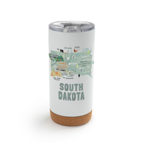 A white cork bottom tumbler with a graphic map image of South Dakota and illustrations of famous locations and cities.