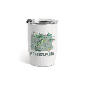 A white tumbler with a clear plastic lid and a map illustration of Pennsylvania with landmarks and cities.