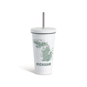 A white tumbler with a white lid and metal straw with a map illustration of Michigan with landmarks and cities.