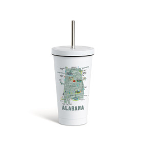 A white tumbler with a white lid and metal straw with a map illustration of Alabama with landmarks and cities.