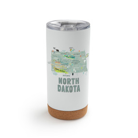 A white cork bottom tumbler with a graphic map image of North Dakota and illustrations of famous locations and cities.