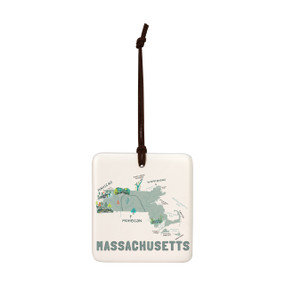 A square cream hanging tile magnet ornament with a map illustration of Massachusetts with landmarks and cities.
