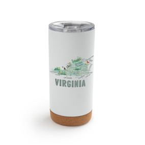 A white cork bottom tumbler with a graphic map image of Virginia and illustrations of famous locations and cities.
