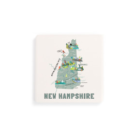 A set of four white square coasters with a map illustration of New Hampshire with famous landmarks and cities.