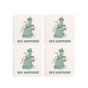 A set of four white square coasters with a map illustration of New Hampshire with famous landmarks and cities.