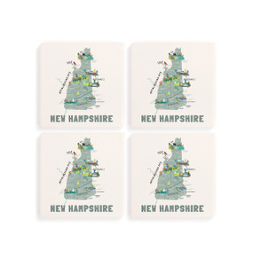 A set of four white square coasters with a map illustration of New Hampshire with famous landmarks and cities.