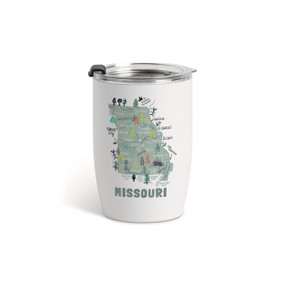 A white tumbler with a clear plastic lid and a map illustration of Missouri with landmarks and cities.