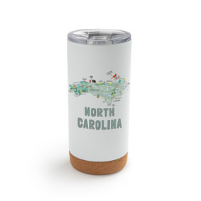 A white cork bottom tumbler with a graphic map image of North Carolina and illustrations of famous locations and cities.