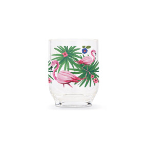 A clear acrylic tumbler with pink flamingos and tropical flowers around the glass.