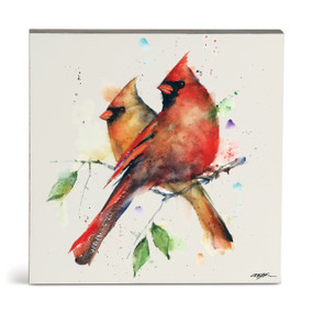 A square watercolor wall art of a cardinal pair perched on a branch.