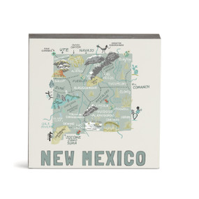 A white square wall art with an illustrated map of New Mexico with landmarks and cities.