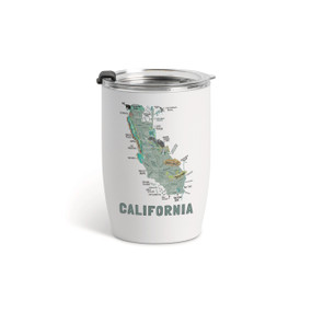A white tumbler with a clear plastic lid and a map illustration of California with landmarks and cities.