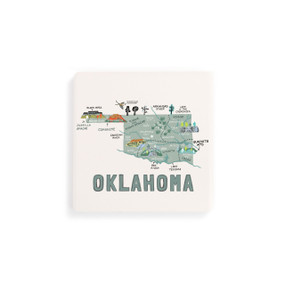 A set of four white square coasters with a map illustration of Oklahoma with famous landmarks and cities.
