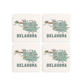 A set of four white square coasters with a map illustration of Oklahoma with famous landmarks and cities.