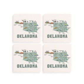 A set of four white square coasters with a map illustration of Oklahoma with famous landmarks and cities.