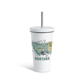 A white tumbler with a white lid and metal straw with a map illustration of Montana with landmarks and cities.