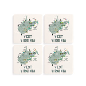 A set of four white square coasters with a map illustration of West Virginia with famous landmarks and cities.