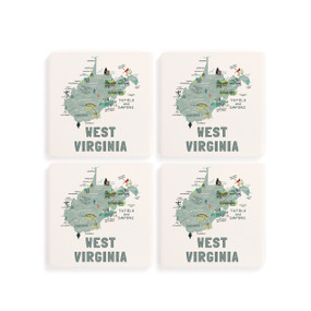 A set of four white square coasters with a map illustration of West Virginia with famous landmarks and cities.