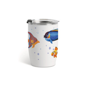 A white tumbler with a clear plastic lid and colorful fish around the glass.