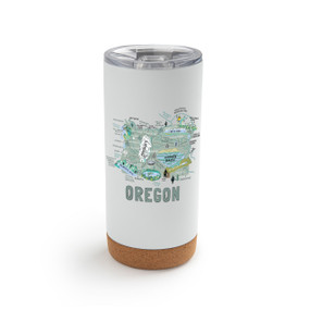 A white cork bottom tumbler with a graphic map image of Oregon and illustrations of famous locations and cities.