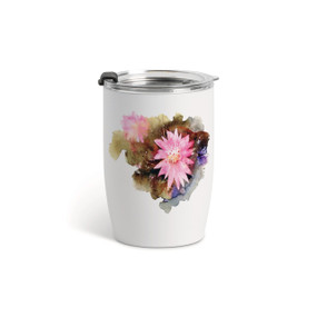 A white tumbler with a clear plastic lid and a watercolor image of a pink bitteroot flower on the front.