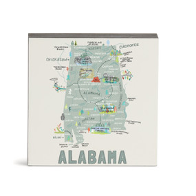 A white square wall art with an illustrated map of Alabama with landmarks and cities.