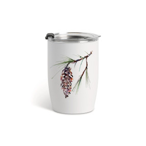 A white tumbler with a clear plastic lid and a watercolor image of a white pinecone on the front.