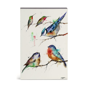 A watercolor wall art of different songbirds perched on branches.
