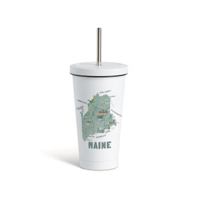 A white tumbler with a white lid and metal straw with a map illustration of Maine with landmarks and cities.