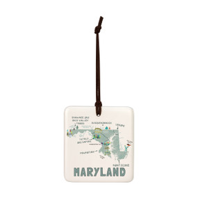 A square cream hanging tile magnet ornament with a map illustration of Maryland with landmarks and cities.