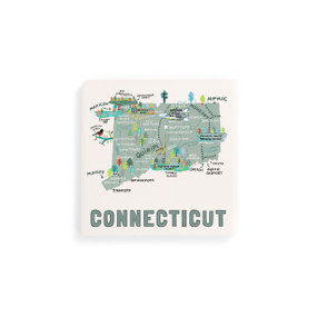 A set of four white square coasters with a map illustration of Connecticut with famous landmarks and cities.