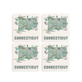 A set of four white square coasters with a map illustration of Connecticut with famous landmarks and cities.