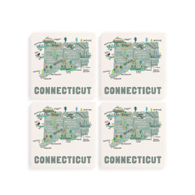 A set of four white square coasters with a map illustration of Connecticut with famous landmarks and cities.