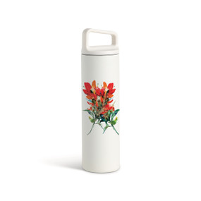 A white water bottle with a screw top handled lid. The front has a watercolor image of red Indian paintbrush flowers.