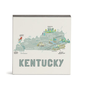 A white square wall art with an illustrated map of Kentucky with landmarks and cities.