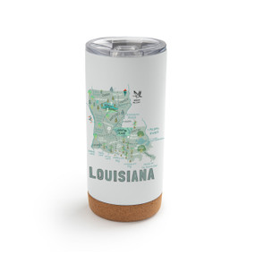 A white cork bottom tumbler with a graphic map image of Louisiana and illustrations of famous locations and cities.