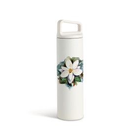 A white water bottle with a screw top handled lid. The front has a watercolor image of a white magnolia flower.