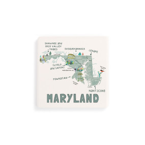 A set of four white square coasters with a map illustration of Maryland with famous landmarks and cities.